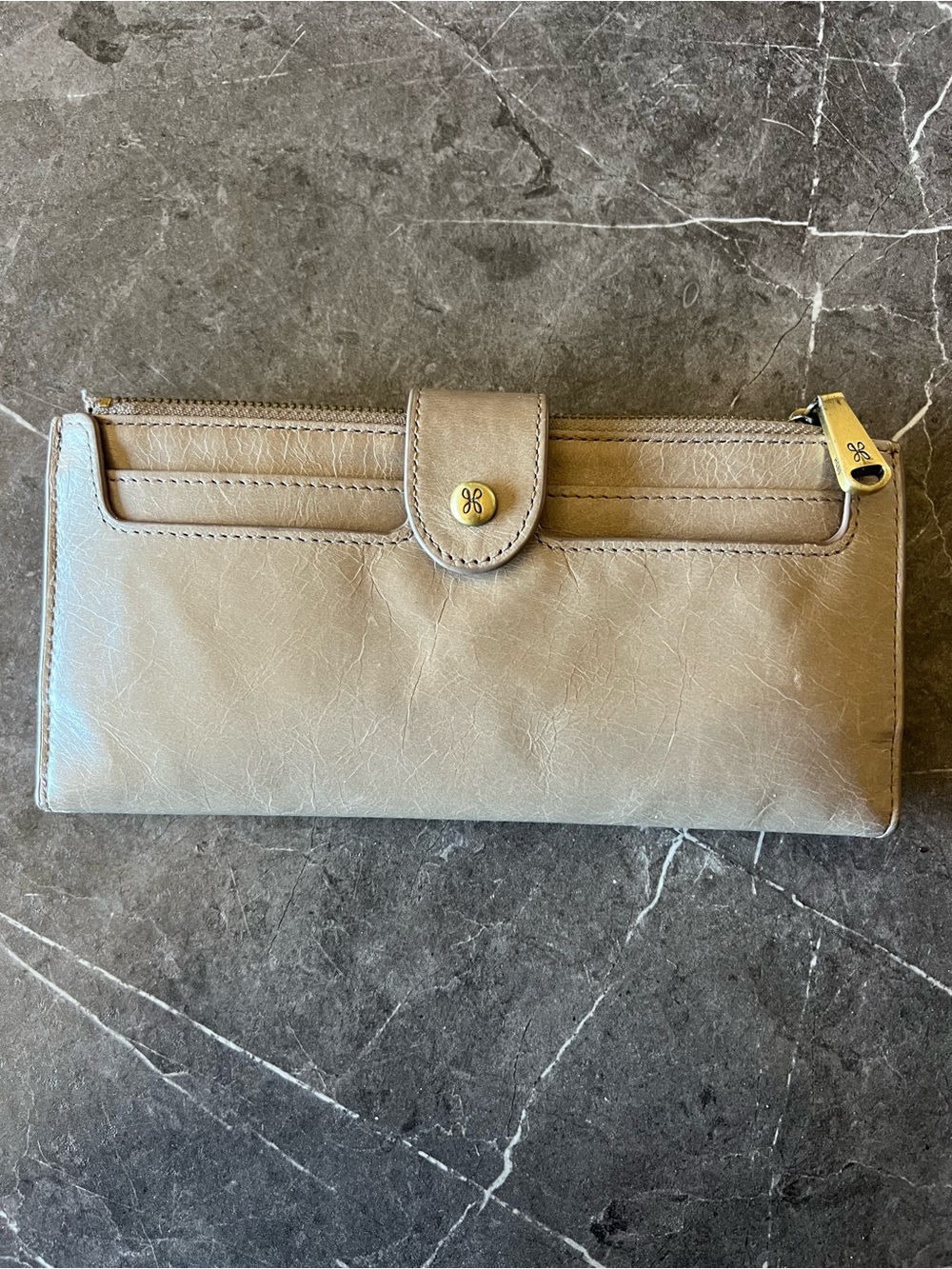 HOBO Taupe Leather Snap Wallet with Zip Accent
